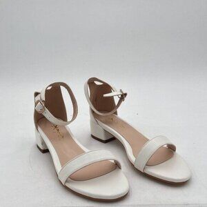 XYD White Heels for Women, Open Toe, Ankle Strap, Buckled Low Chunky Block Pumps